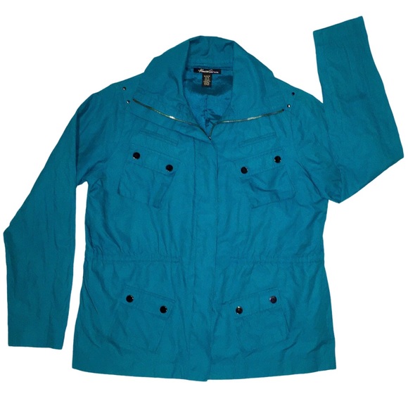 Turquoise Lightweight Jacket, Teal Raincoat, Spring Blue, Kenneth Cole, Medium - Picture 10 of 16